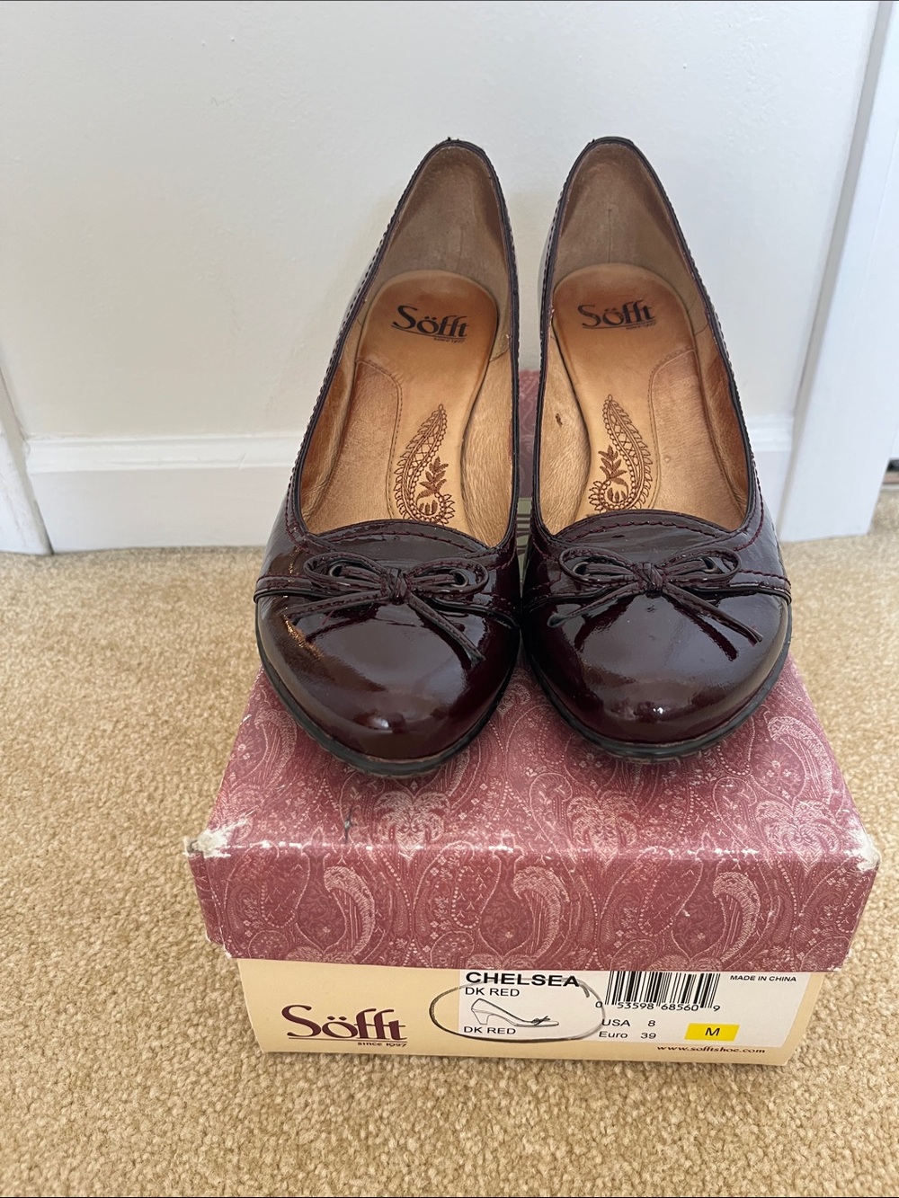 Söfft Dark Red Patent Leather Wedge Pumps with Bow Accent